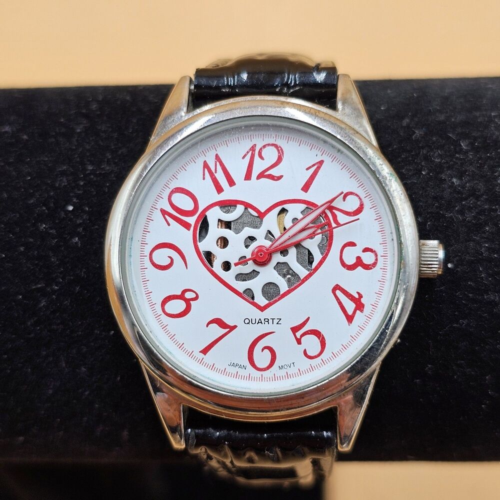 Vintage Avon Skeleton Heart Dial Ladies Watch Black Leather Band New Battery